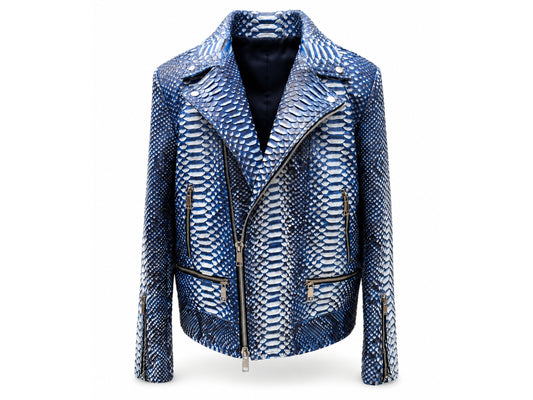 Blue and white patterned jacket on a white background