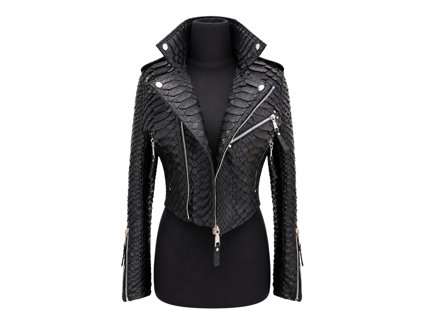 Black textured snakeskin -leather moto jacket with silver zippers and a stand collar, displayed on a black mannequin torso against a white background.