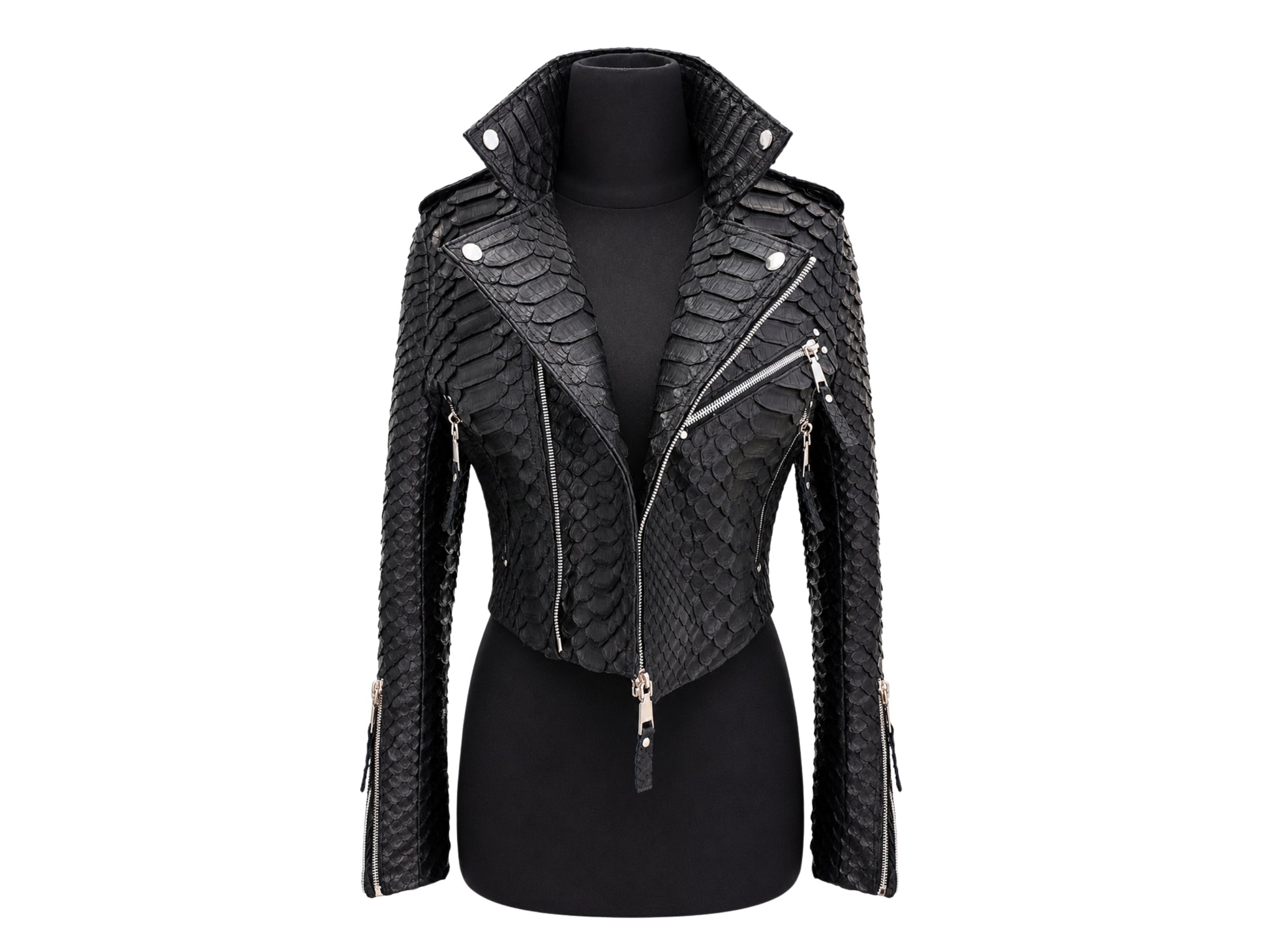 Black textured snakeskin -leather moto jacket with silver zippers and a stand collar, displayed on a black mannequin torso against a white background.
