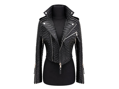 Black textured snakeskin -leather moto jacket with silver zippers and a stand collar, displayed on a black mannequin torso against a white background.