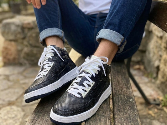 Black Python Snakeskin Leather High-Top Sneakers