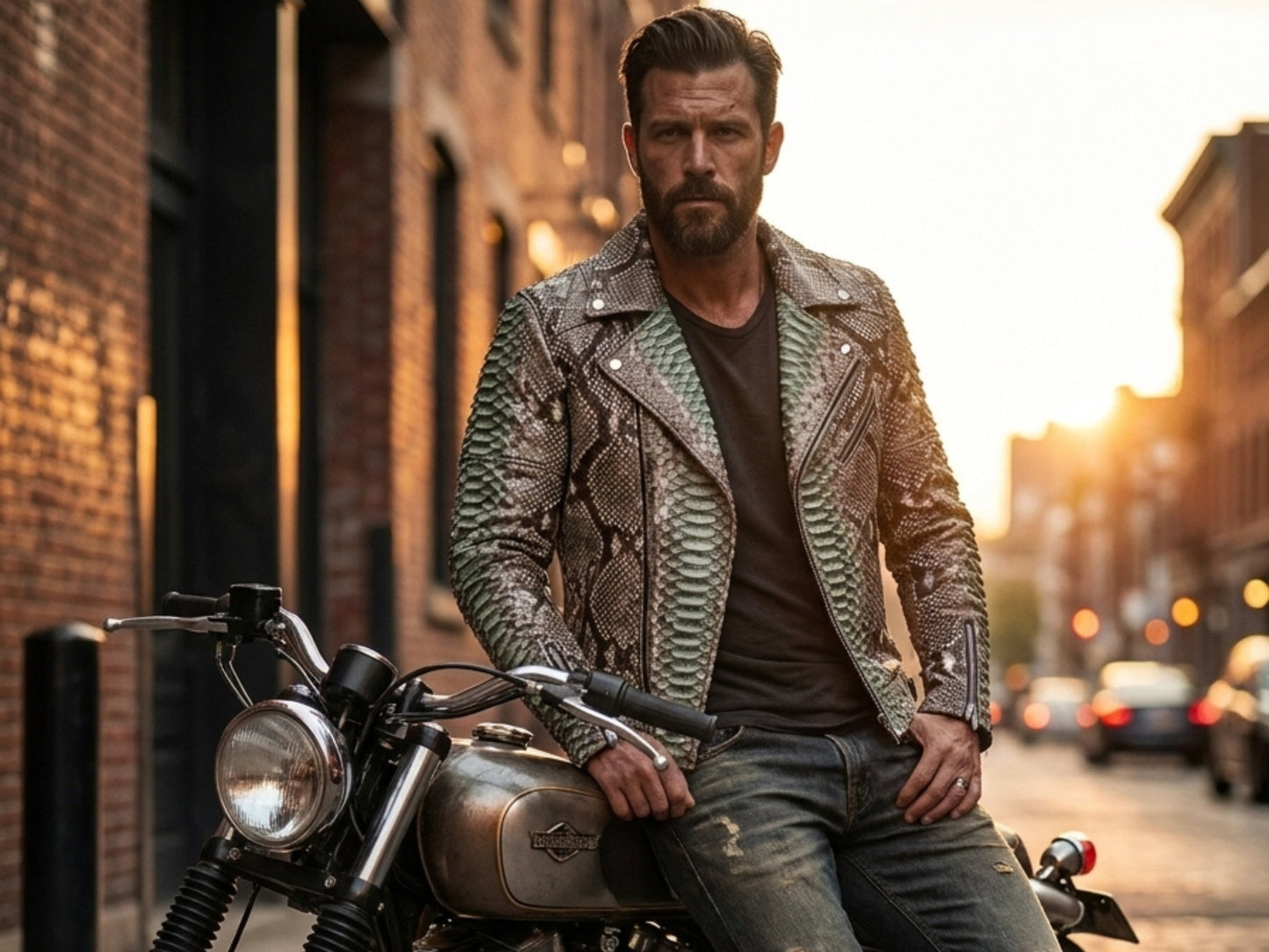 Genuine Python Snakeskin Leather Biker Jacket: Natural Gray with Green Gradation
