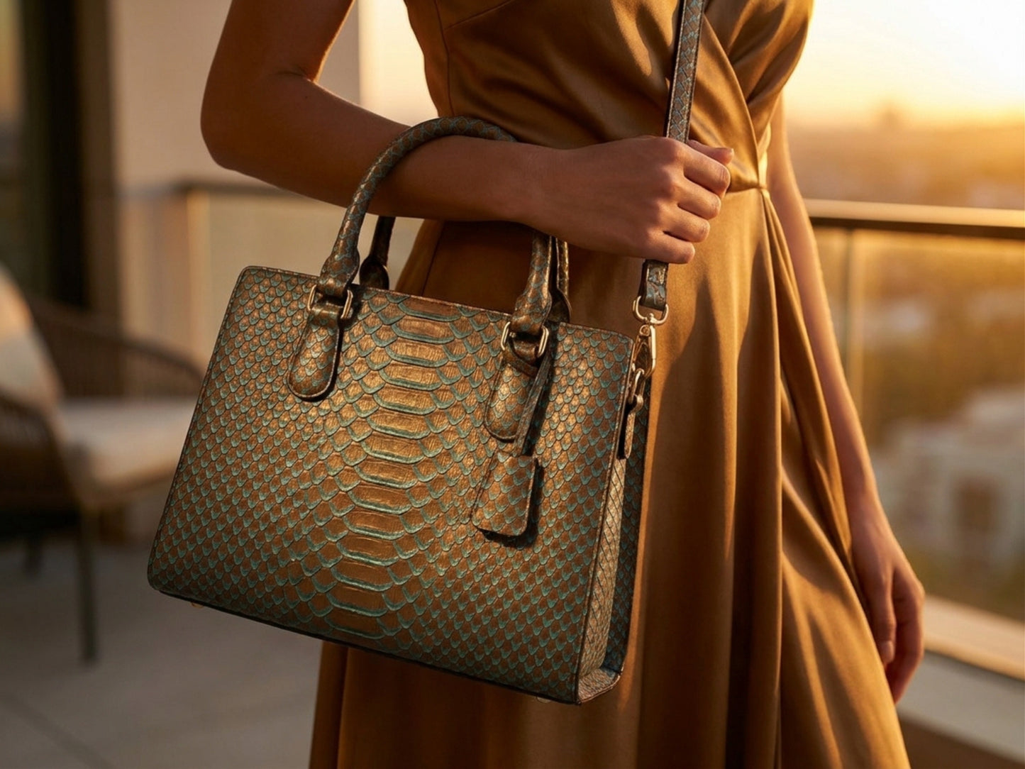 Brown Python Snakeskin Tote Satchel