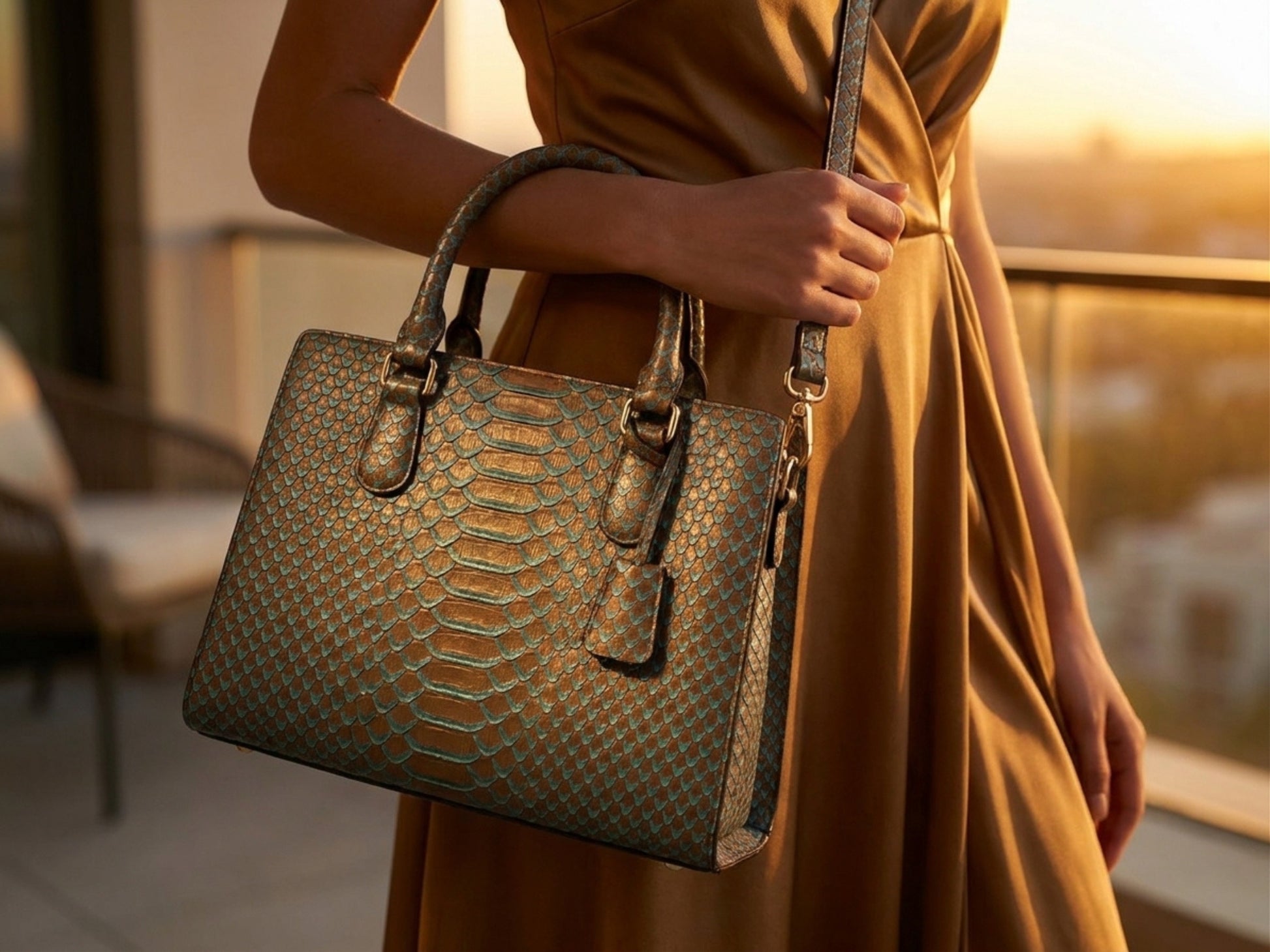 Brown Python Snakeskin Tote Satchel