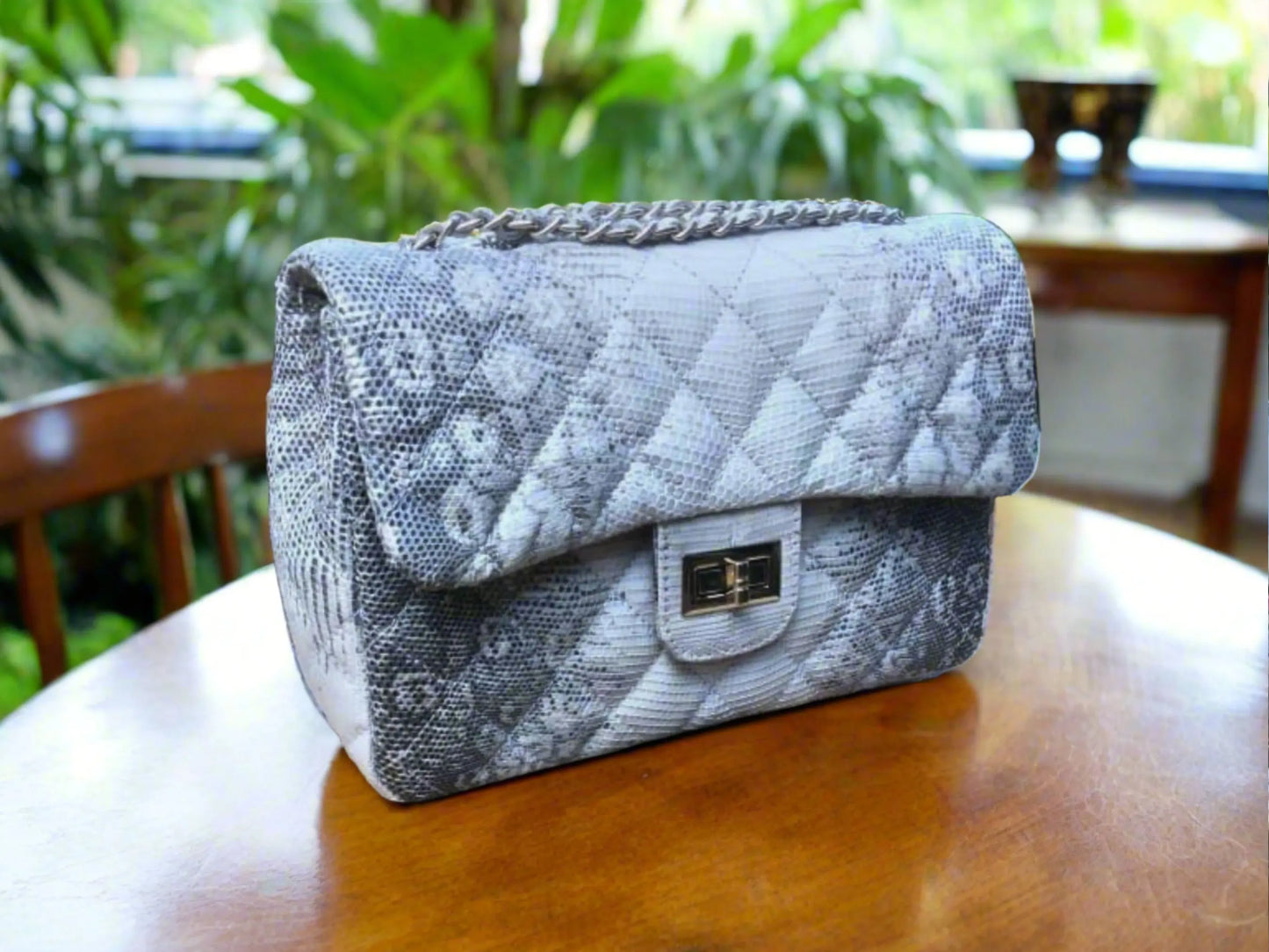 Exotic Quilted Lizard Skin Bag on the table