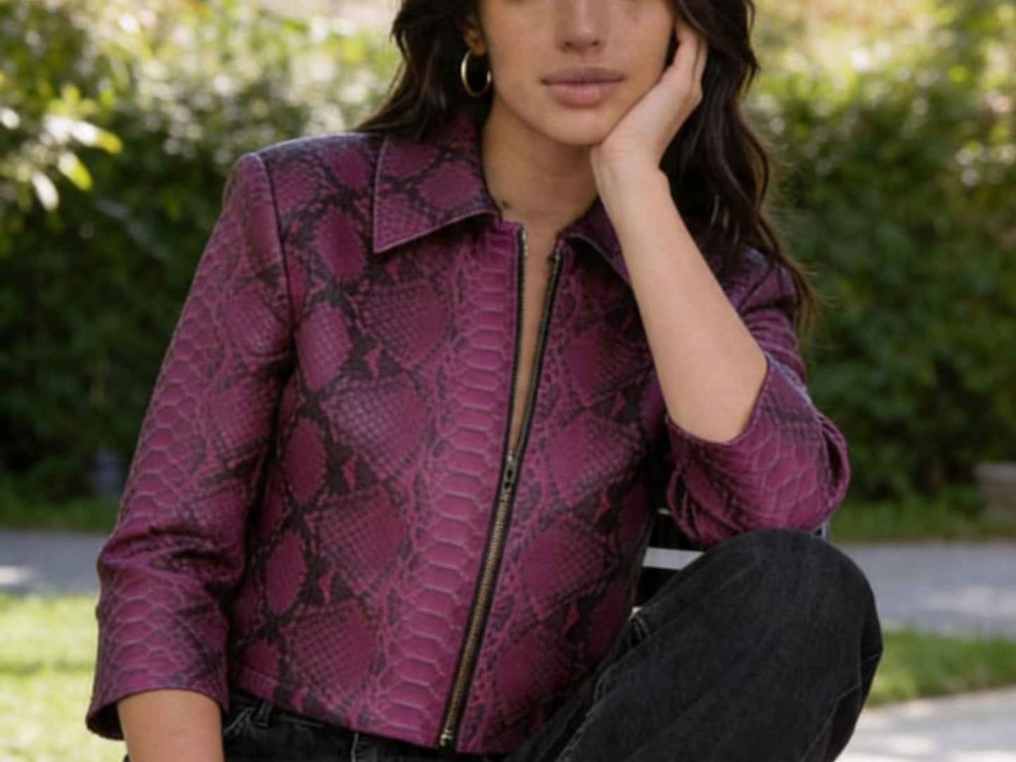 genuine snakeskin leather jacket magenta front zipper detail