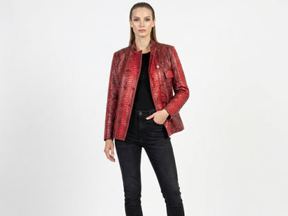 Red Python Snakeskin Mandarin Collar Jacket