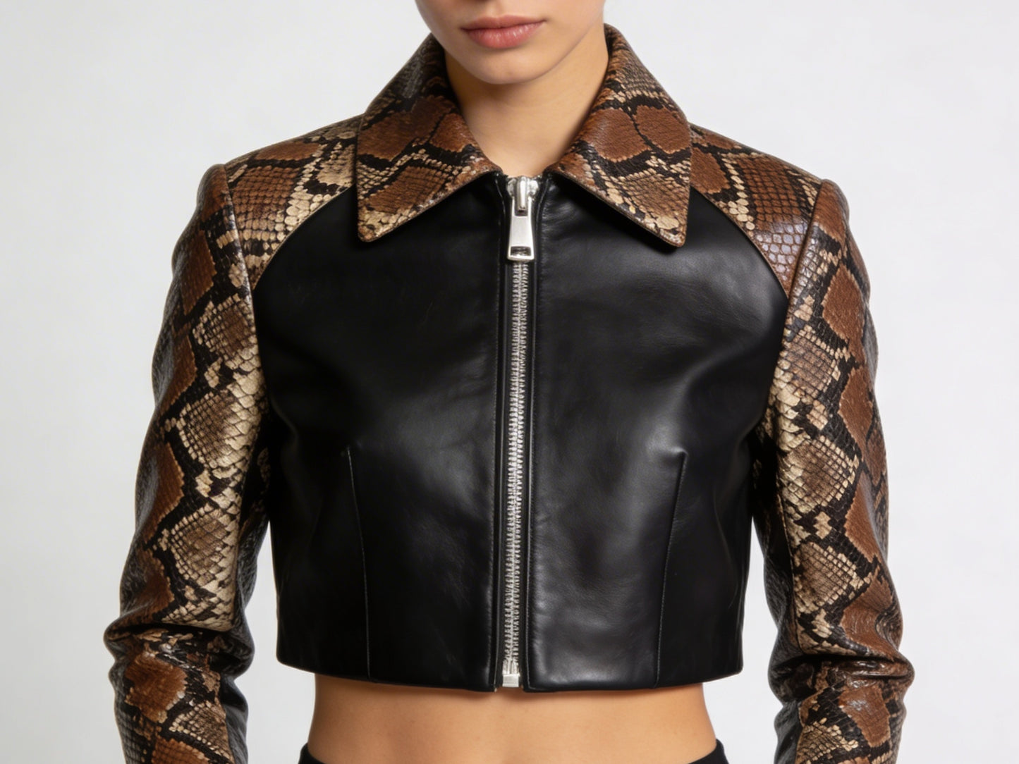 Front studio shot exotic leather cropped jacket black and brown contrast