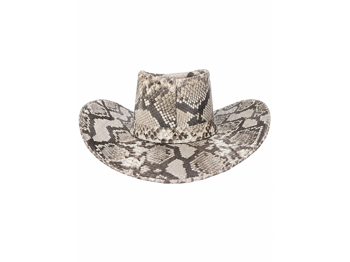 A cowboy hat featuring a snakeskin pattern in shades of beige, brown, and gray, shown against a plain white background.
