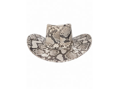 A cowboy hat featuring a snakeskin pattern in shades of beige, brown, and gray, shown against a plain white background.