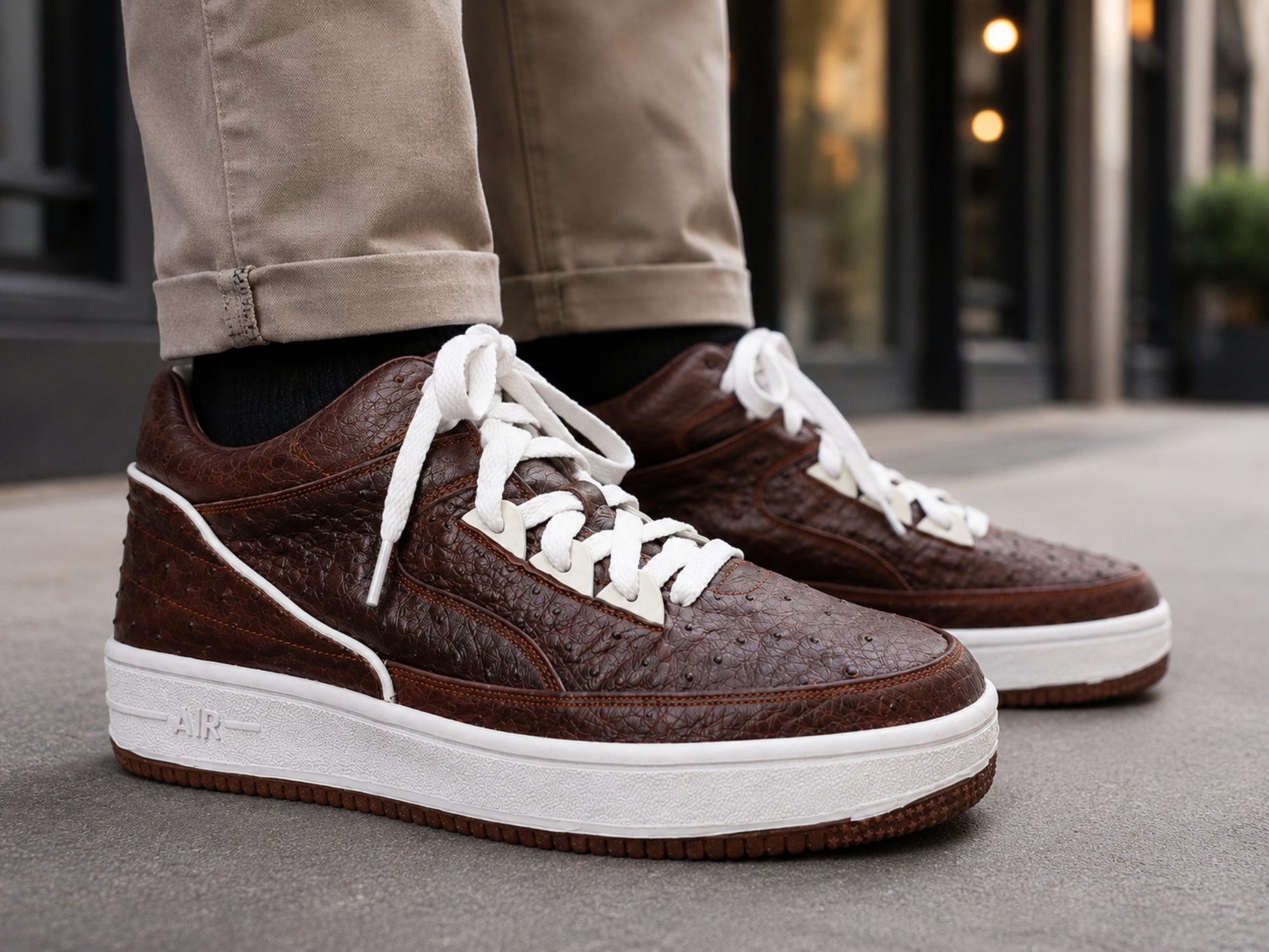 Brown Ostrich Skin Leather High-Top Sneakers
