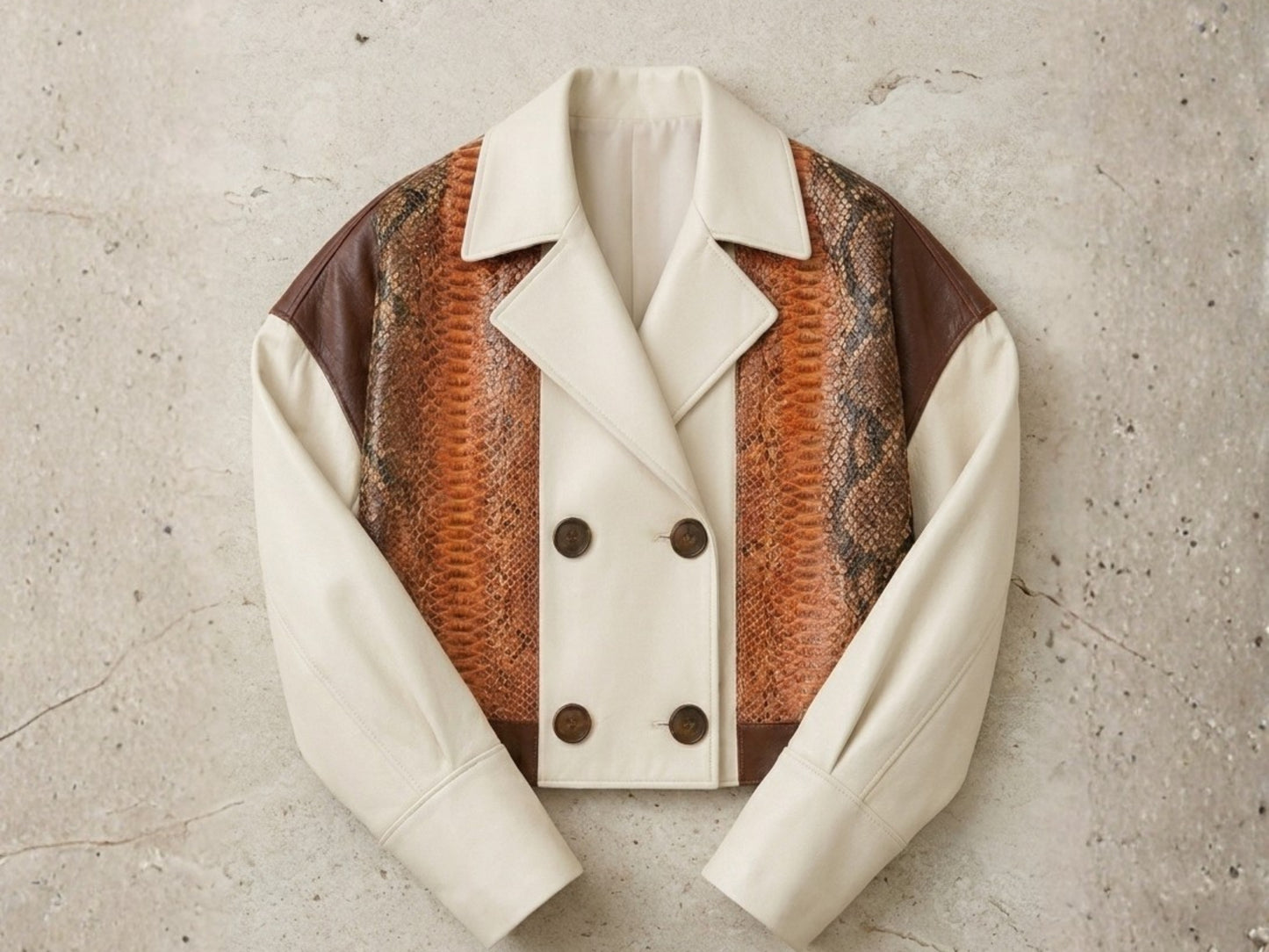 Cream Cognac Genuine Python Snakeskin Lambskin Double Breasted Blazer