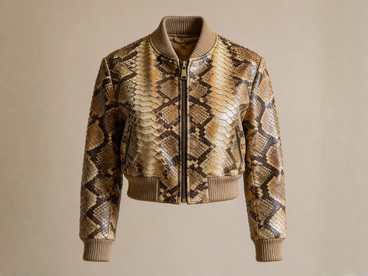 Brown Python Snakeskin Cropped Bomber Jacket