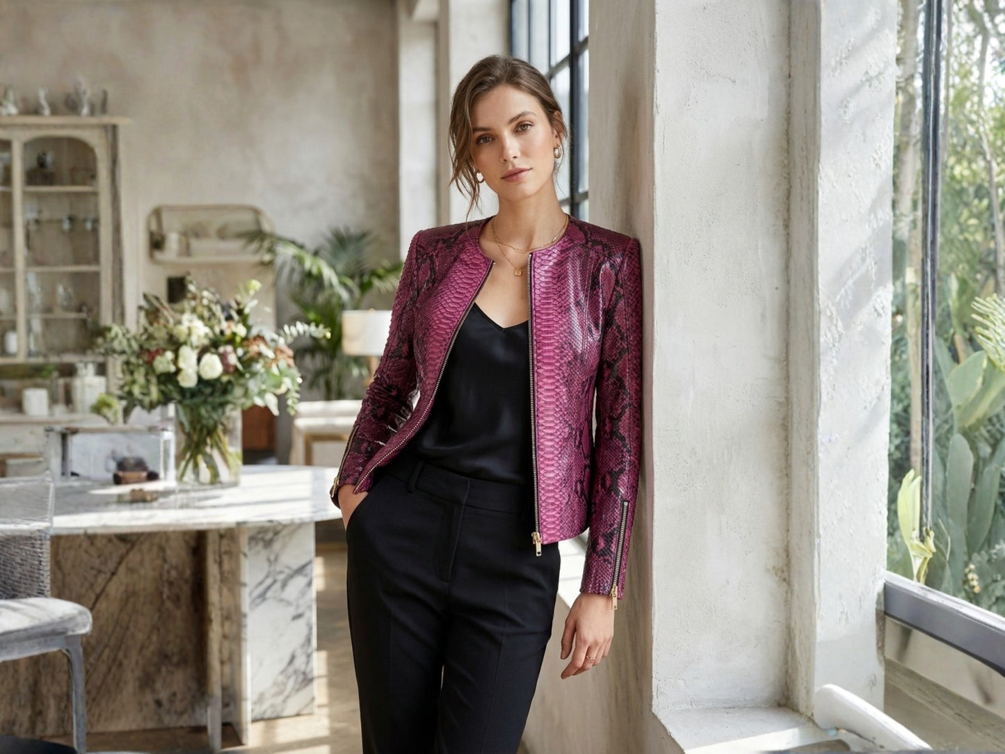 Pink Burgundy Python Snakeskin Leather Jacket