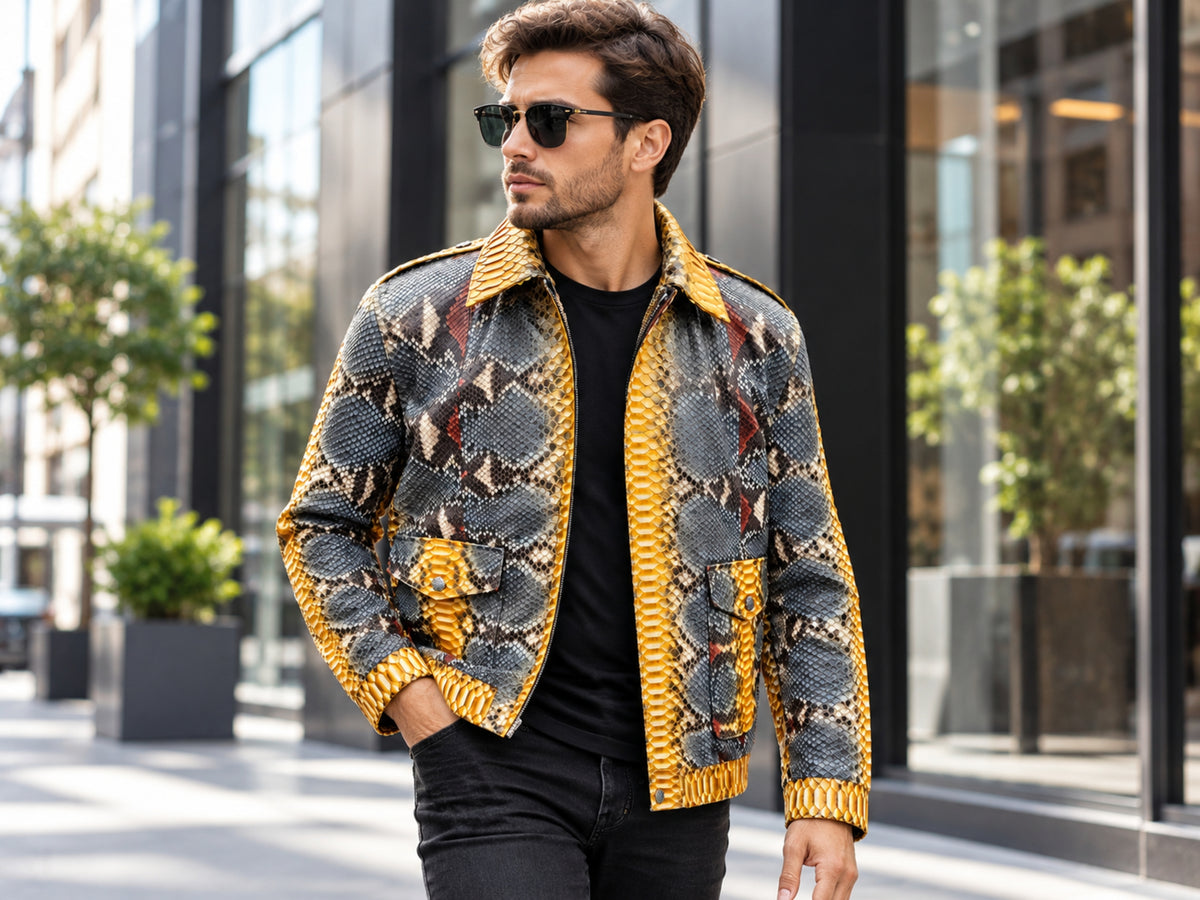 Men's genuine python snakeskin leather jacket in mustard gold and charcoal patchwork, styled with a black shirt and jeans against a modern urban building.