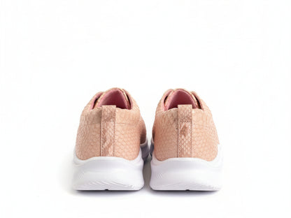 Pair of pink sneakers with white soles on a white background