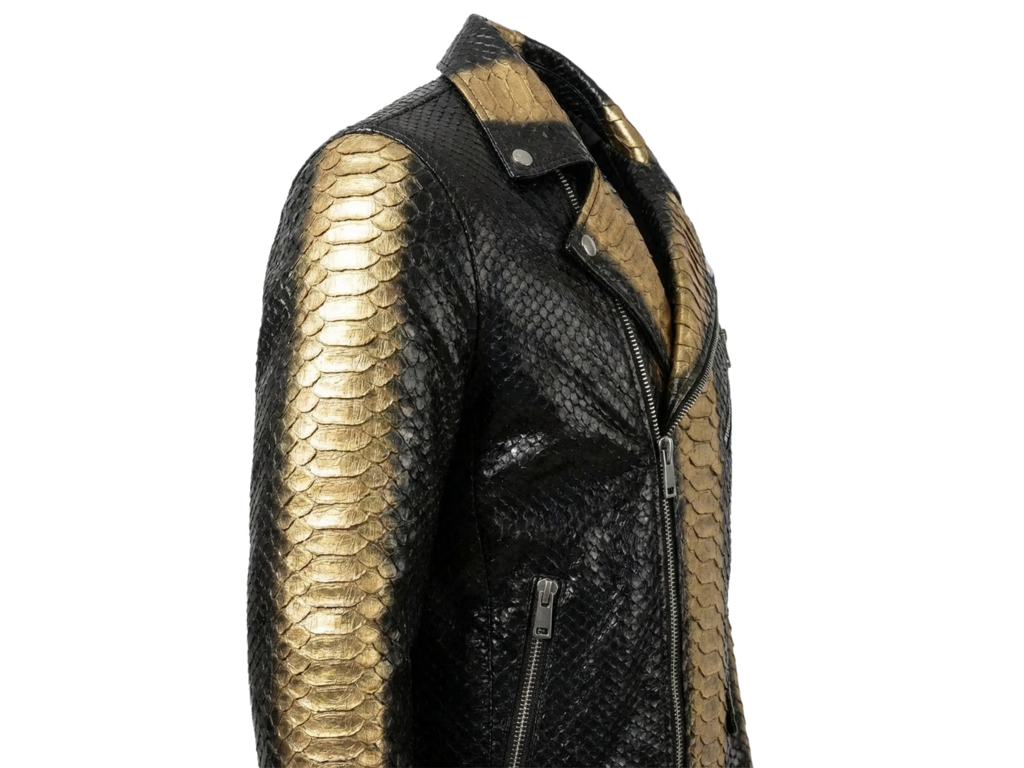 Genuine Python Snakeskin Biker Jacket: Black Gold Exotic Leather Motorcycle Jacket