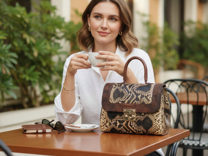 Luxury Brown Python Snakeskin Leather Handbag: Genuine Exotic Leather Women Bag