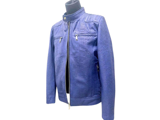 A stylish dark blue snakeskin leather jacket with zippers on the sleeves, made from real python leather.