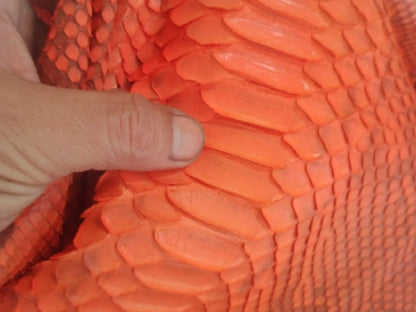Close-up of burnt orange genuine python snakeskin texture, showcasing unique scales and quality craftsmanship.