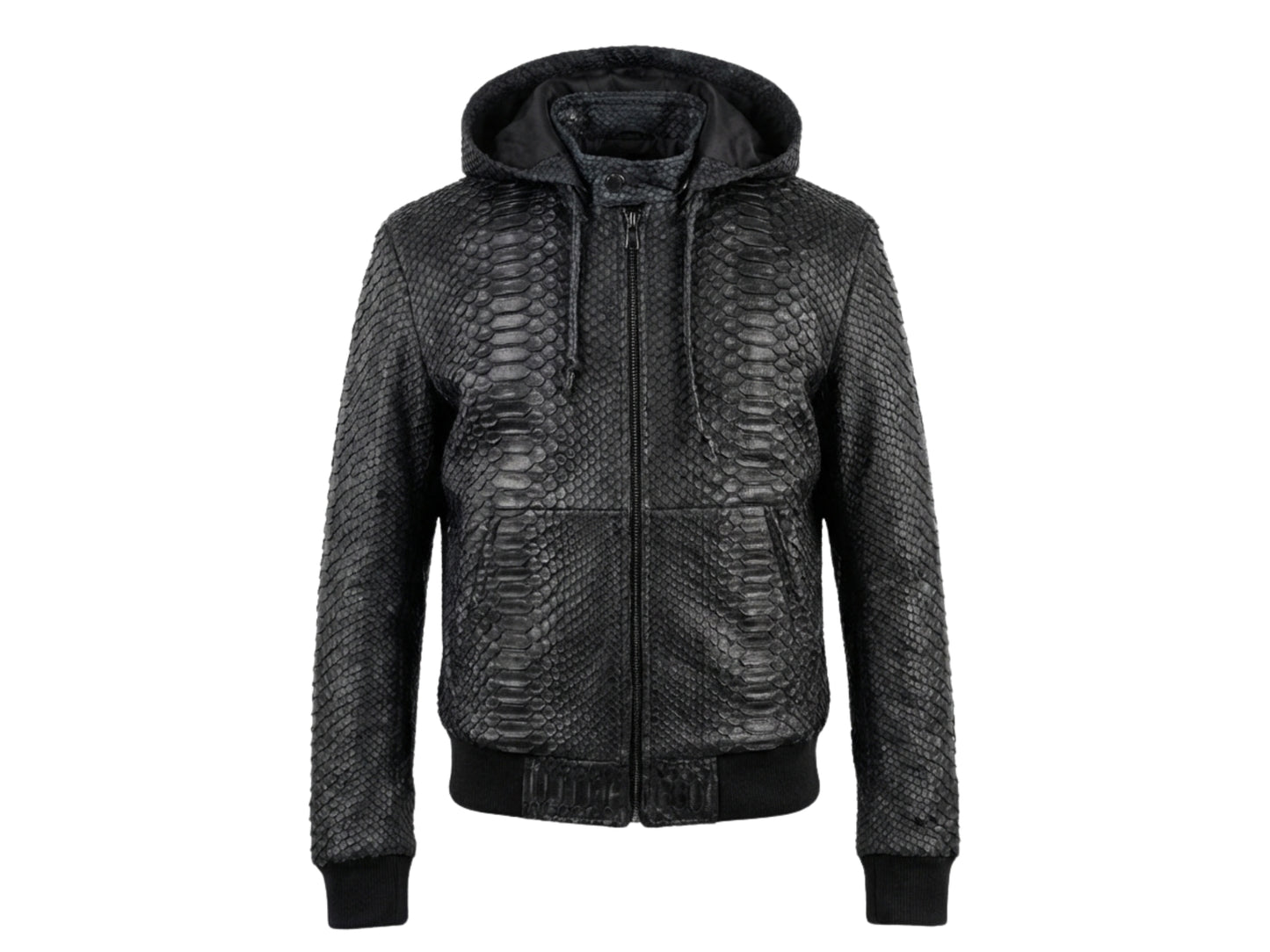 Genuine Python Snakeskin Hoodie Bomber Jacket | Black Nubuck Matte Leather