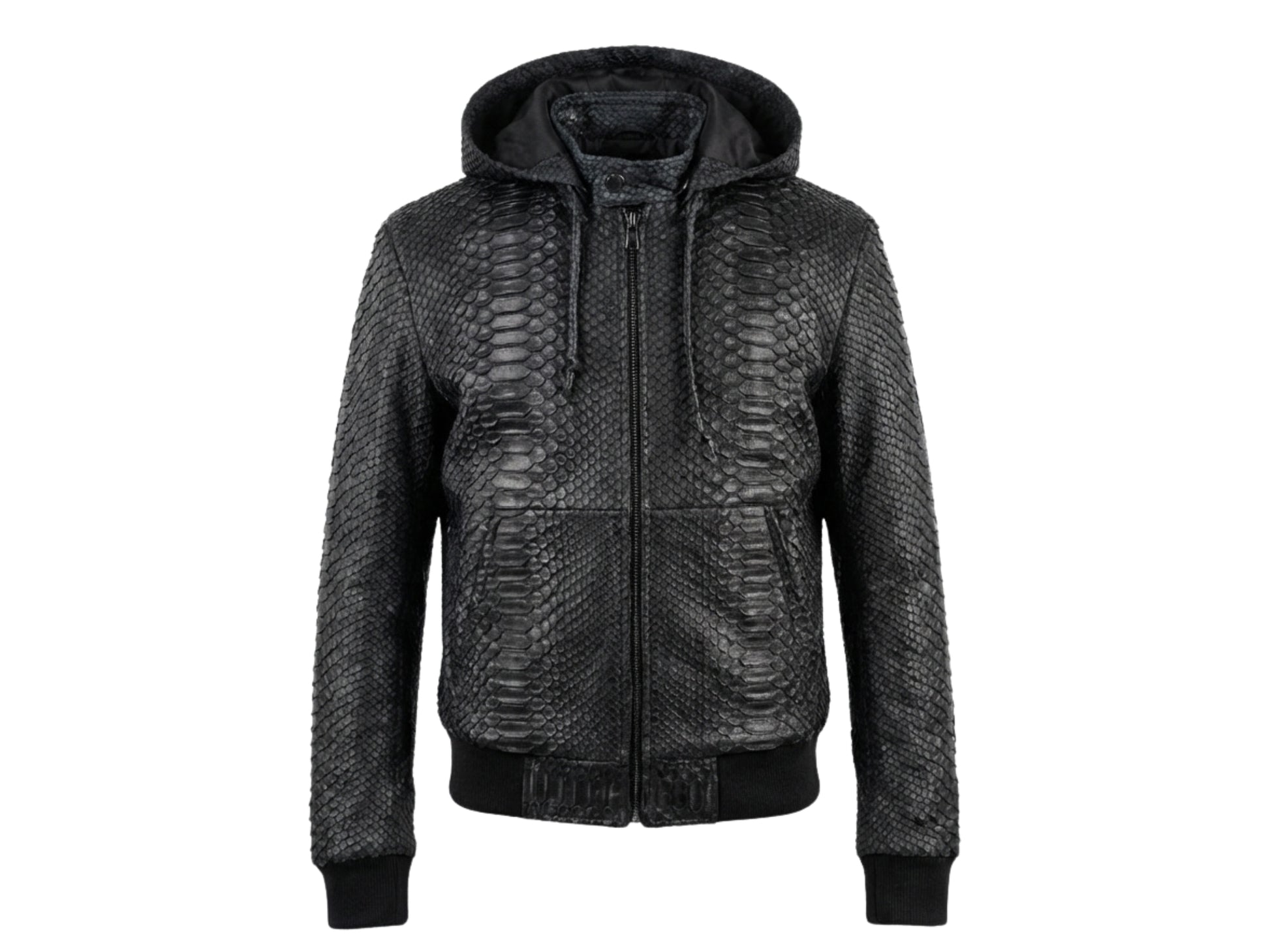 Genuine Python Snakeskin Hoodie Bomber Jacket | Black Nubuck Matte Leather