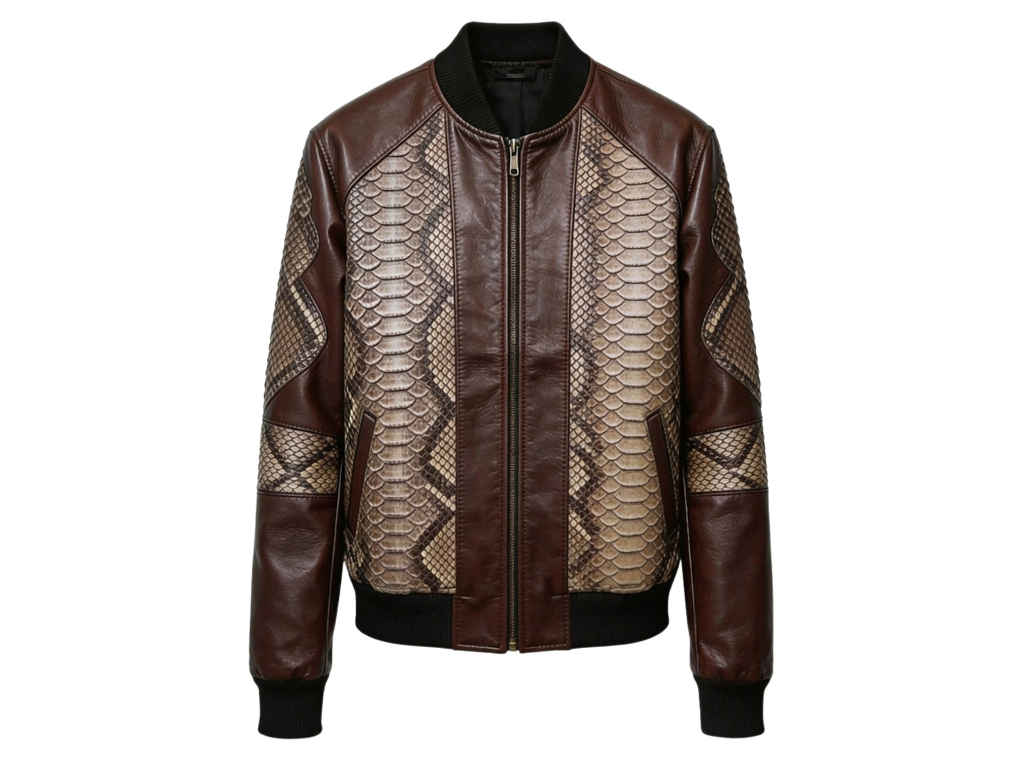 Dark Brown Python Snakeskin Bomber Jacket
