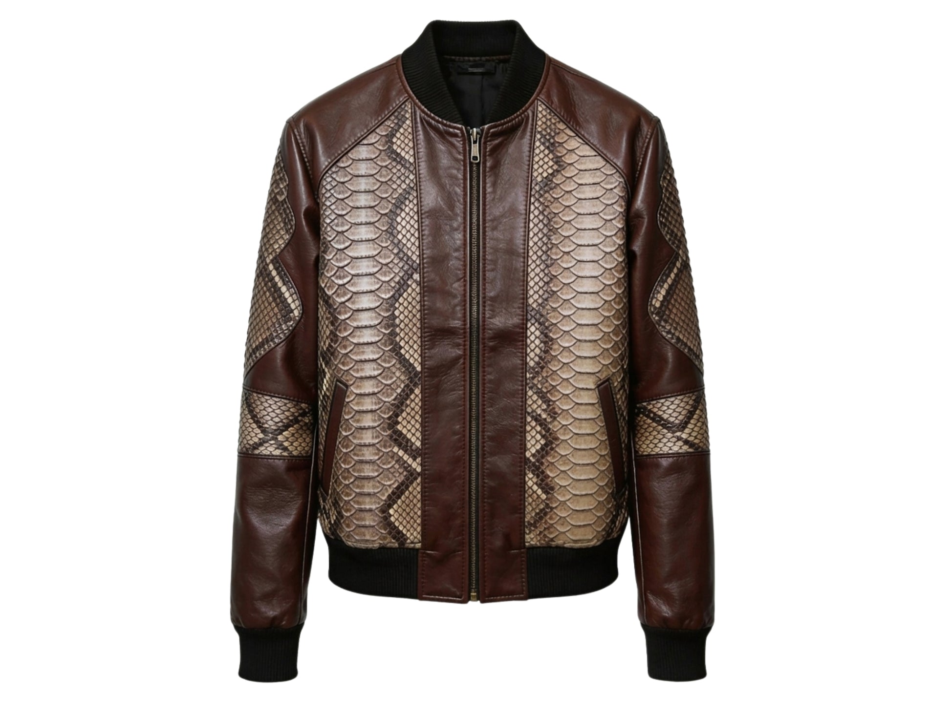 Dark Brown Python Snakeskin Bomber Jacket