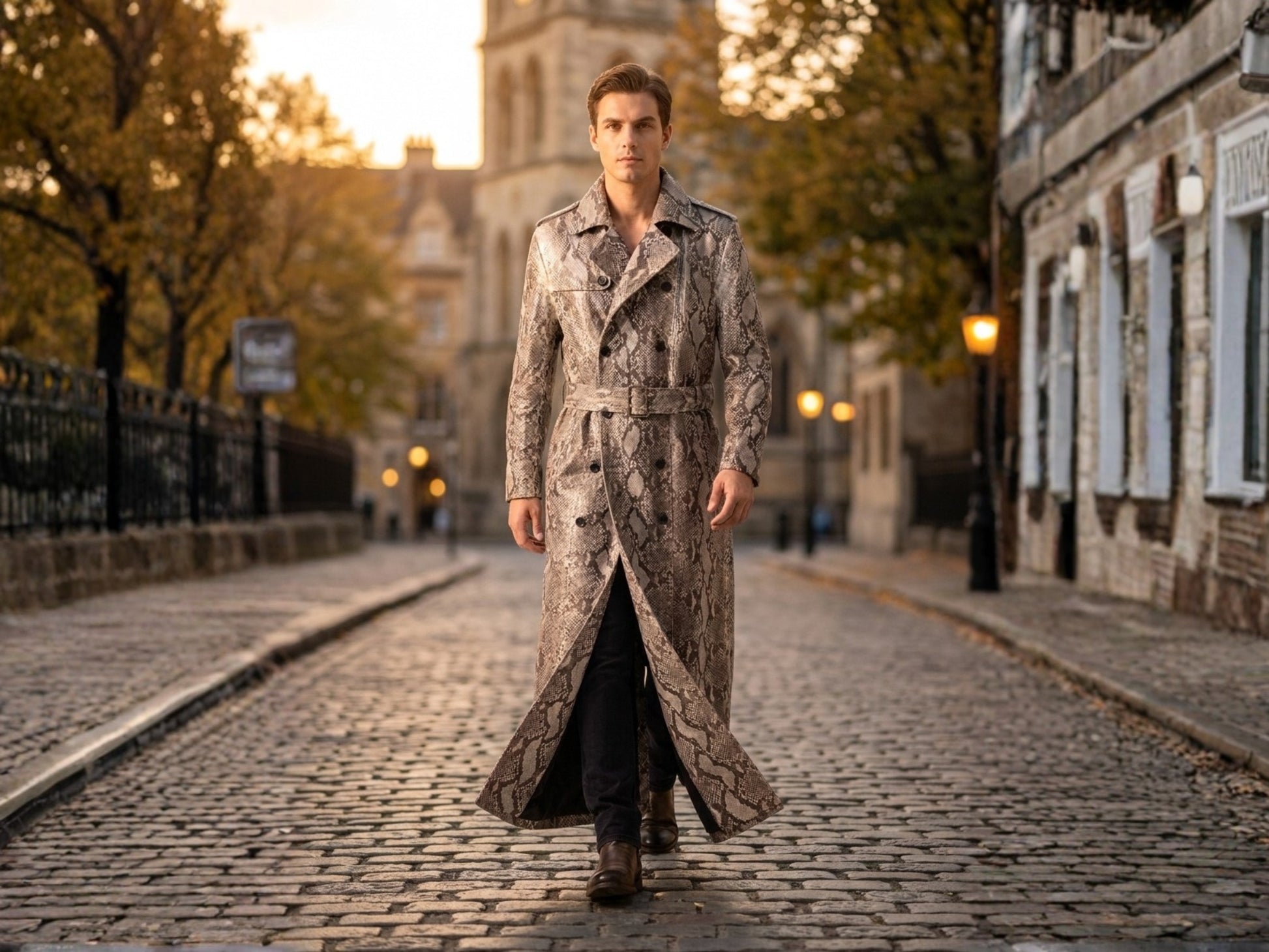 Natural Gray Python Snakeskin Long Trench Coat
