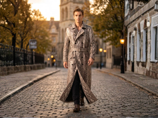 Natural Gray Python Snakeskin Long Trench Coat