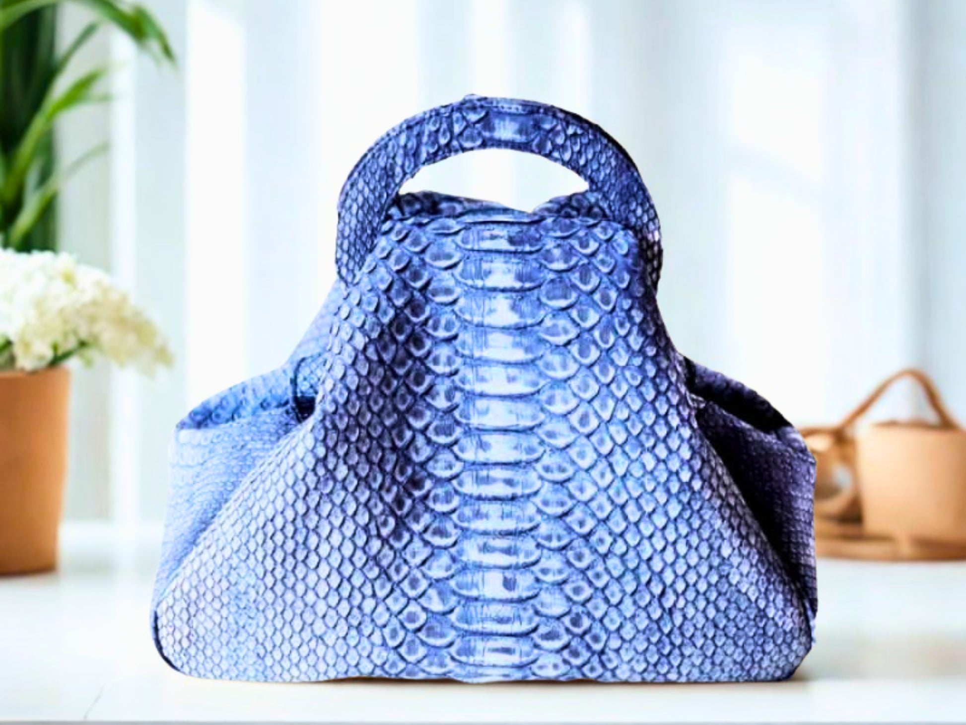 Unique Python Leather Top Handle Bag - Blue Nubuck