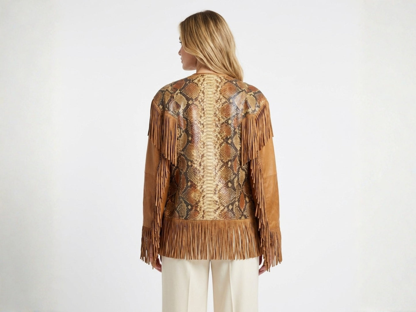 Brown Snakeskin Fringe Leather Jacket