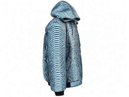 A hooded jacket featuring a prominent blue and white snakeskin pattern, shown from a side profile view against a plain white background.