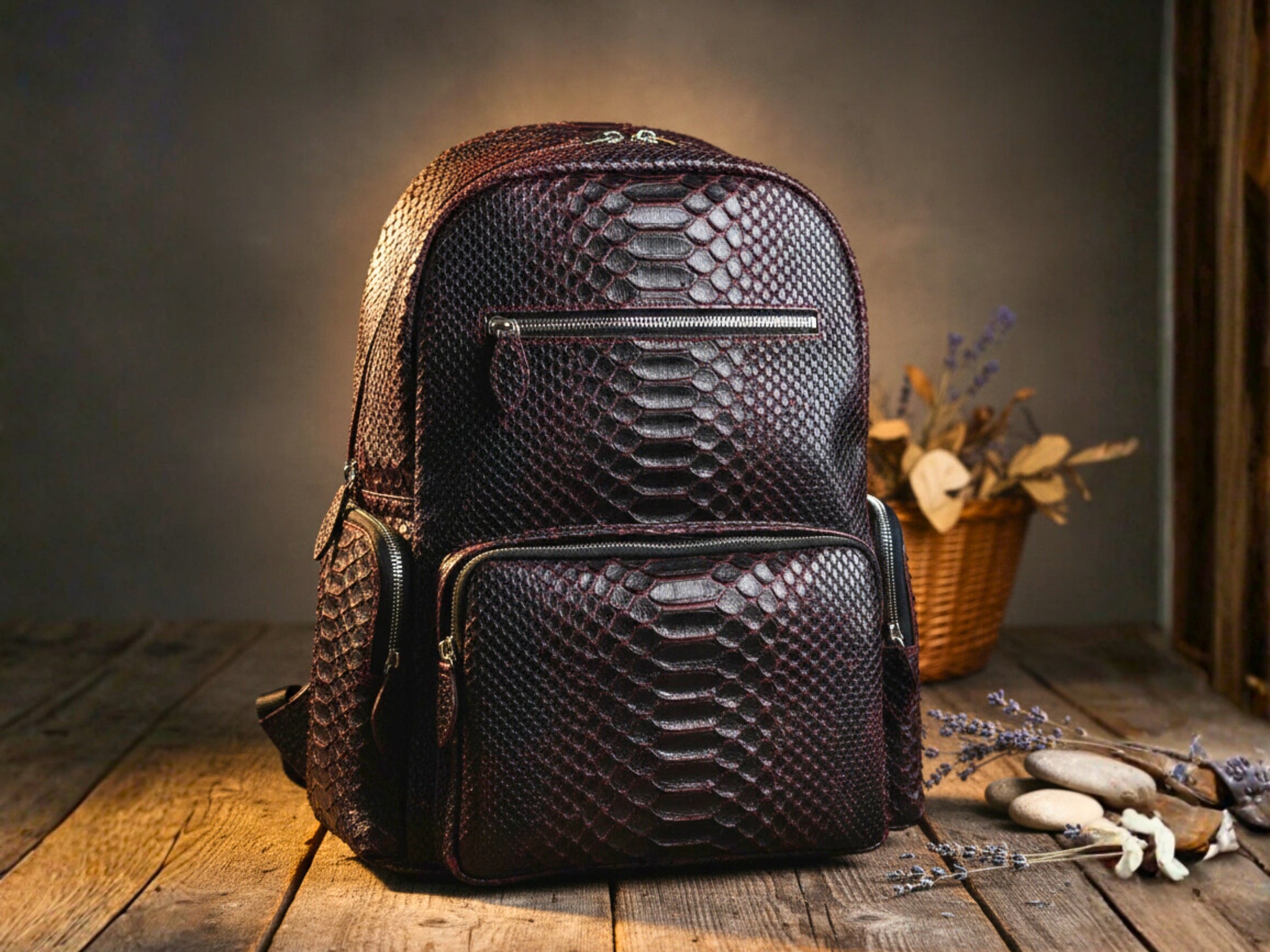 Genuine Python Snakeskin Backpack: Handmade Real Leather Bag Black