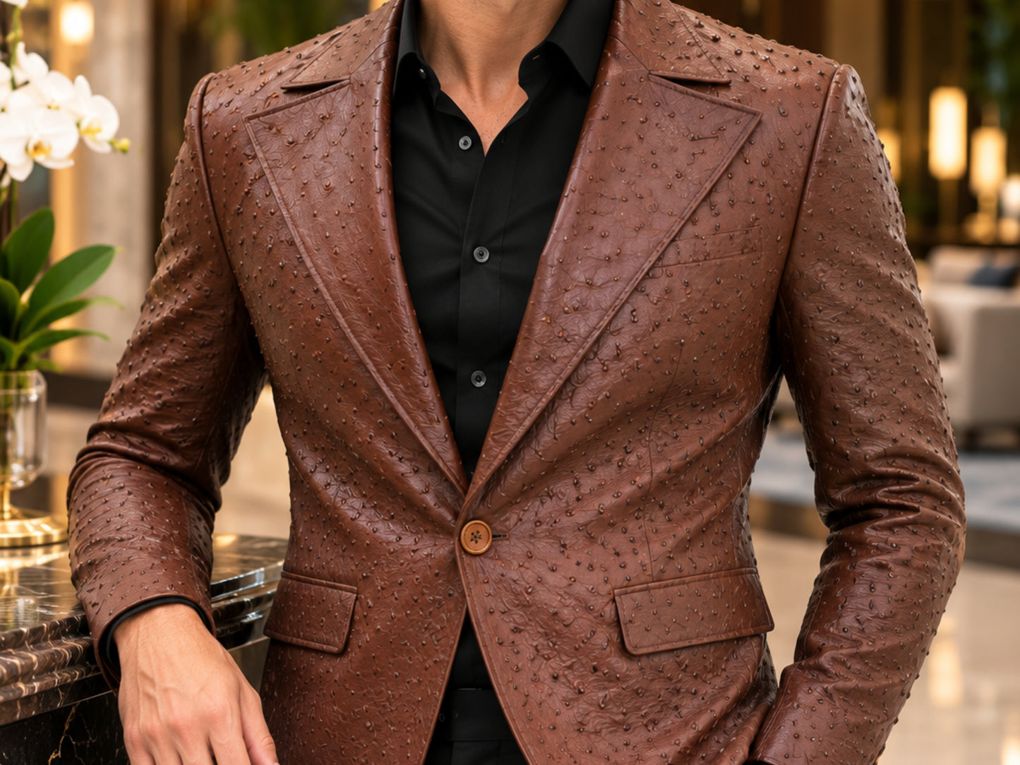 Genuine Ostrich Skin Leather Blazers - Brown