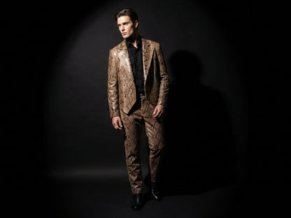 Genuine Python Snakeskin Suit Set | Brown Leather Blazer & Pants