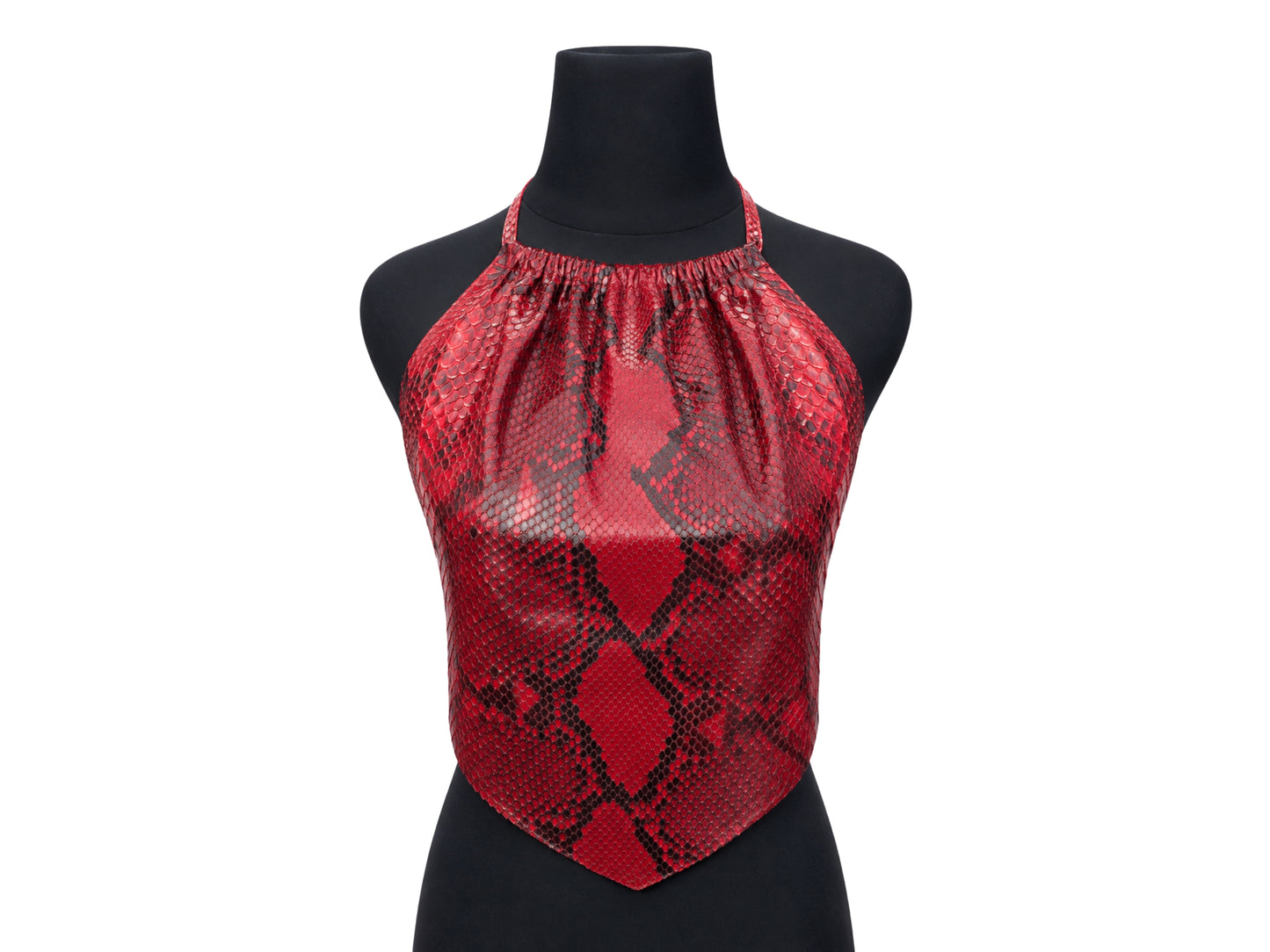 Red and black snakeskin print halter top displayed on a black mannequin torso against a white background.