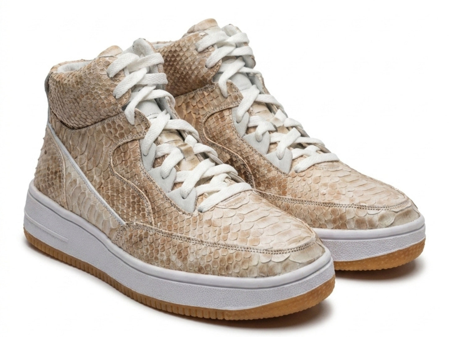 Beige Python Snakeskin Leather High-Top Sneakers