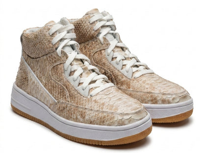 Beige Python Snakeskin Leather High-Top Sneakers