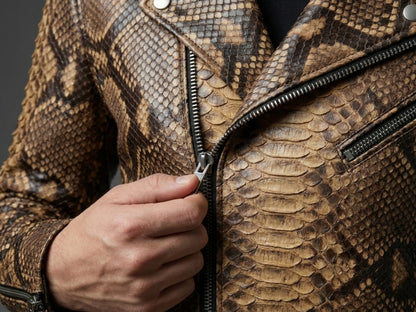 Genuine Python Snakeskin Leather Biker Jacket: Natural Brown Exotic Motorcycle Jacket