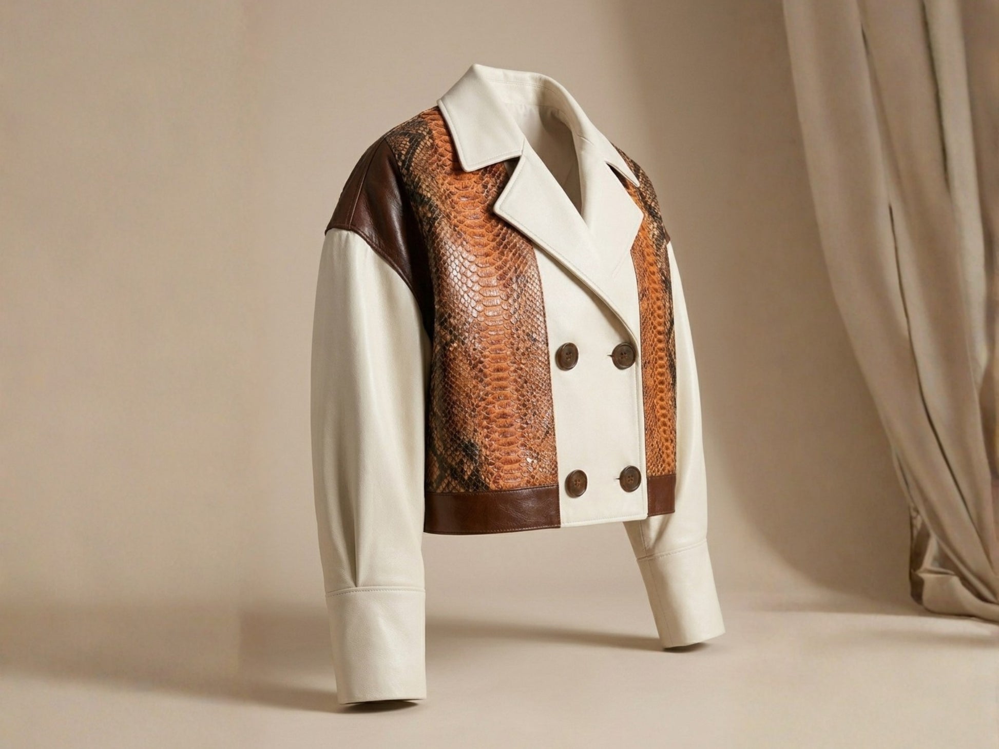 Cream Cognac Genuine Python Snakeskin Lambskin Double Breasted Blazer