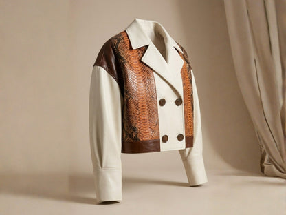 Cream Cognac Genuine Python Snakeskin Lambskin Double Breasted Blazer