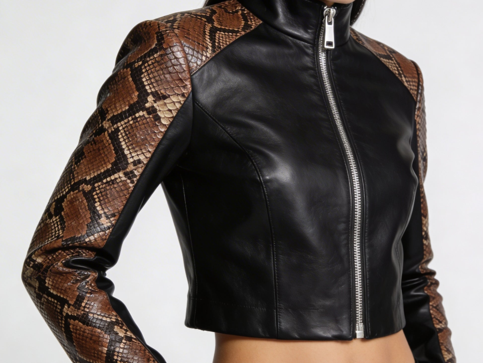 Cropped jacket detailed shoulder snakeskin pattern with zipper closure
