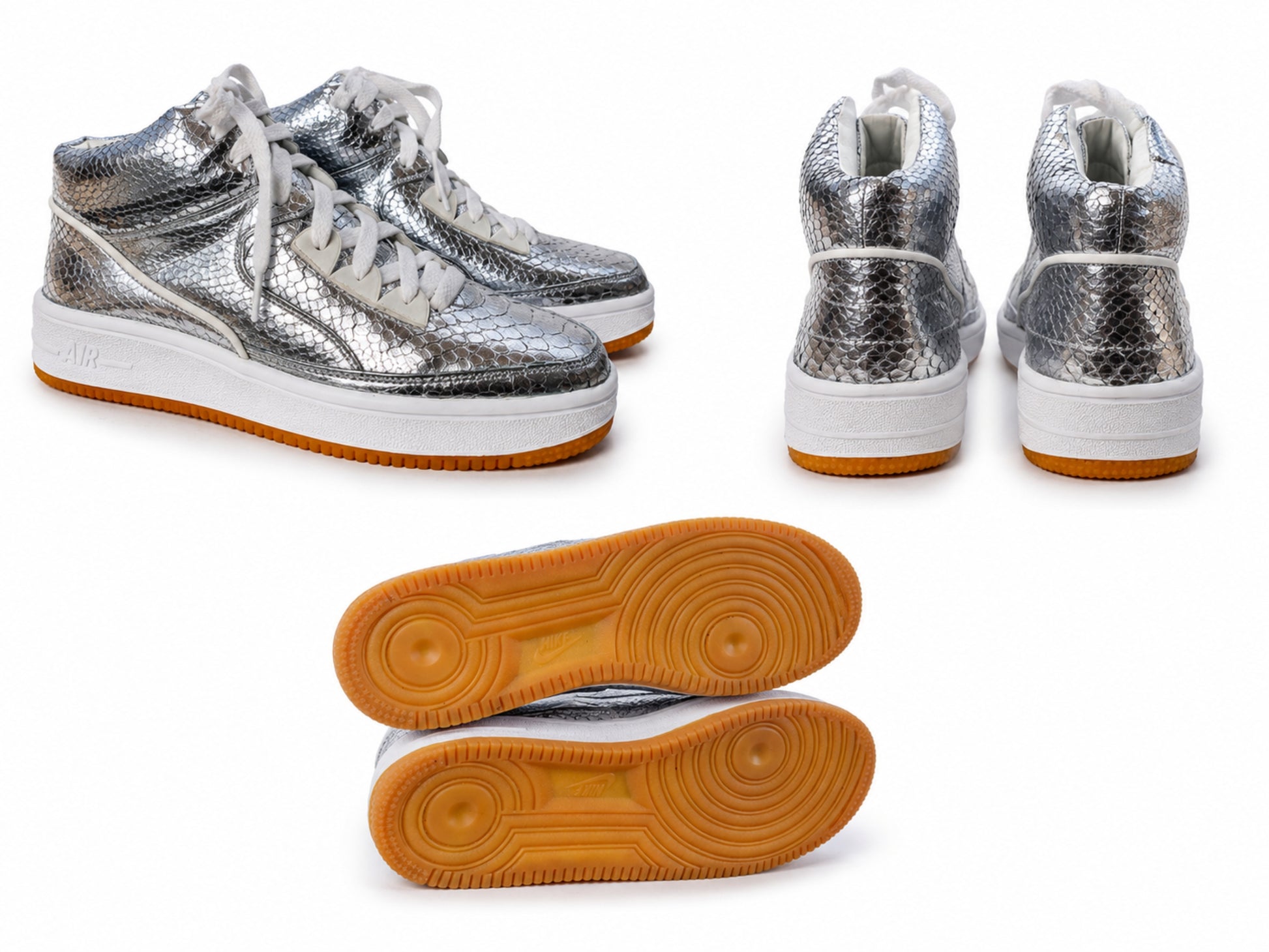 Silver Python Snakeskin Leather High-Top Sneakers