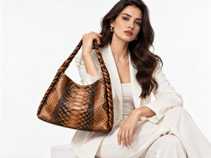 Genuine Python Snakeskin Shoulder Hobo Bag - Cognac Brown