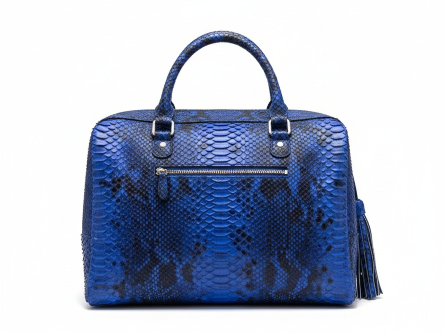 Blue snakeskin pattern handbag on a white background