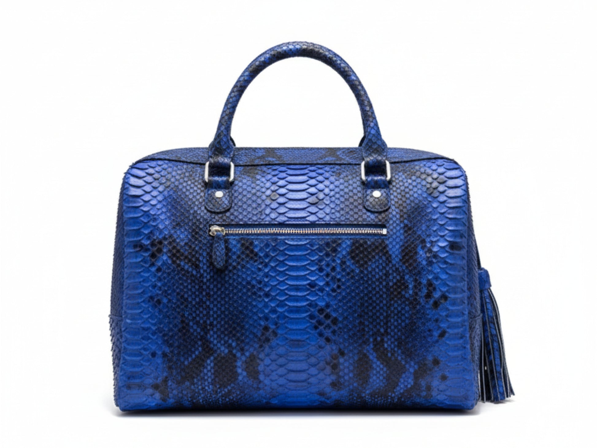Blue snakeskin pattern handbag on a white background