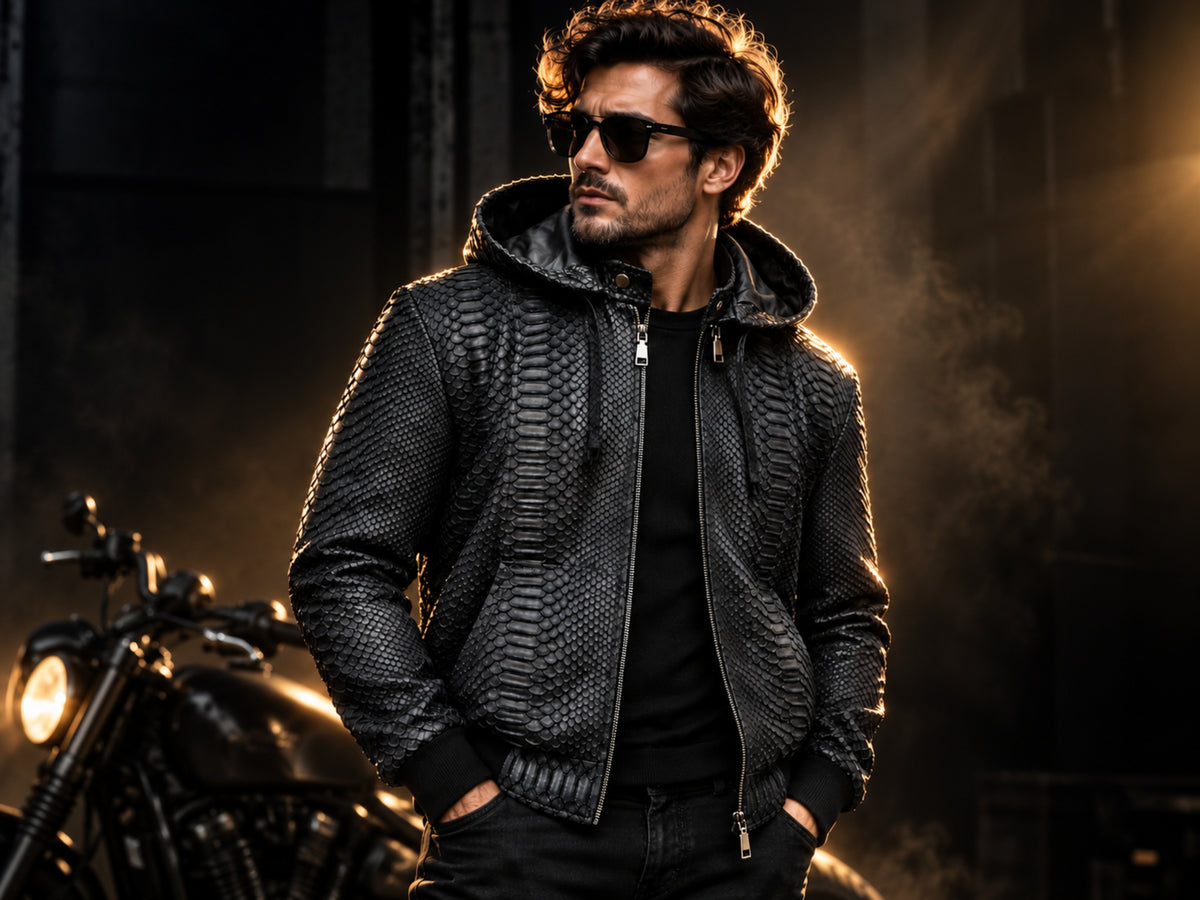 A man wearing a black textured hooded jacket with a snakeskin pattern, black sunglasses, and a black t-shirt, standing next to a motorcycle in a dark, smoky environment.