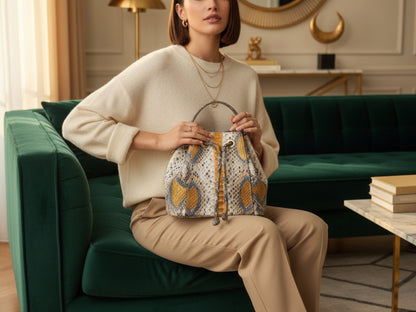 Genuine Python Snakeskin Bucket Bag: Handcrafted Exotic Leather Shoulder Purse for Women