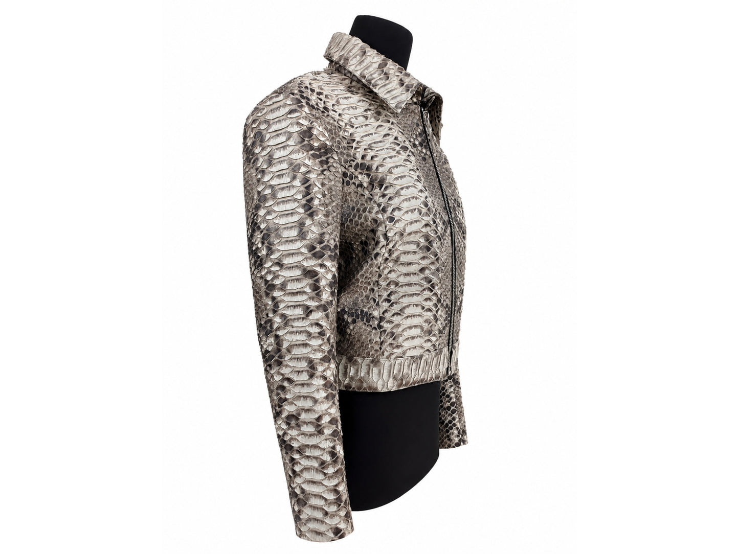 Python Snakeskin Leather Zip Jacket: Convertible Shirt Mandarin Collar